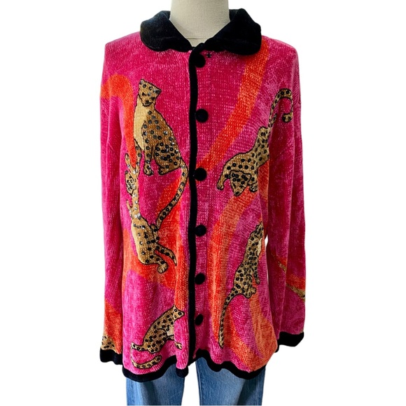 “THAT SWEATER” Neon Pink & Orange Chetah w/ Sequencing & Chenille - Picture 1 of 12
